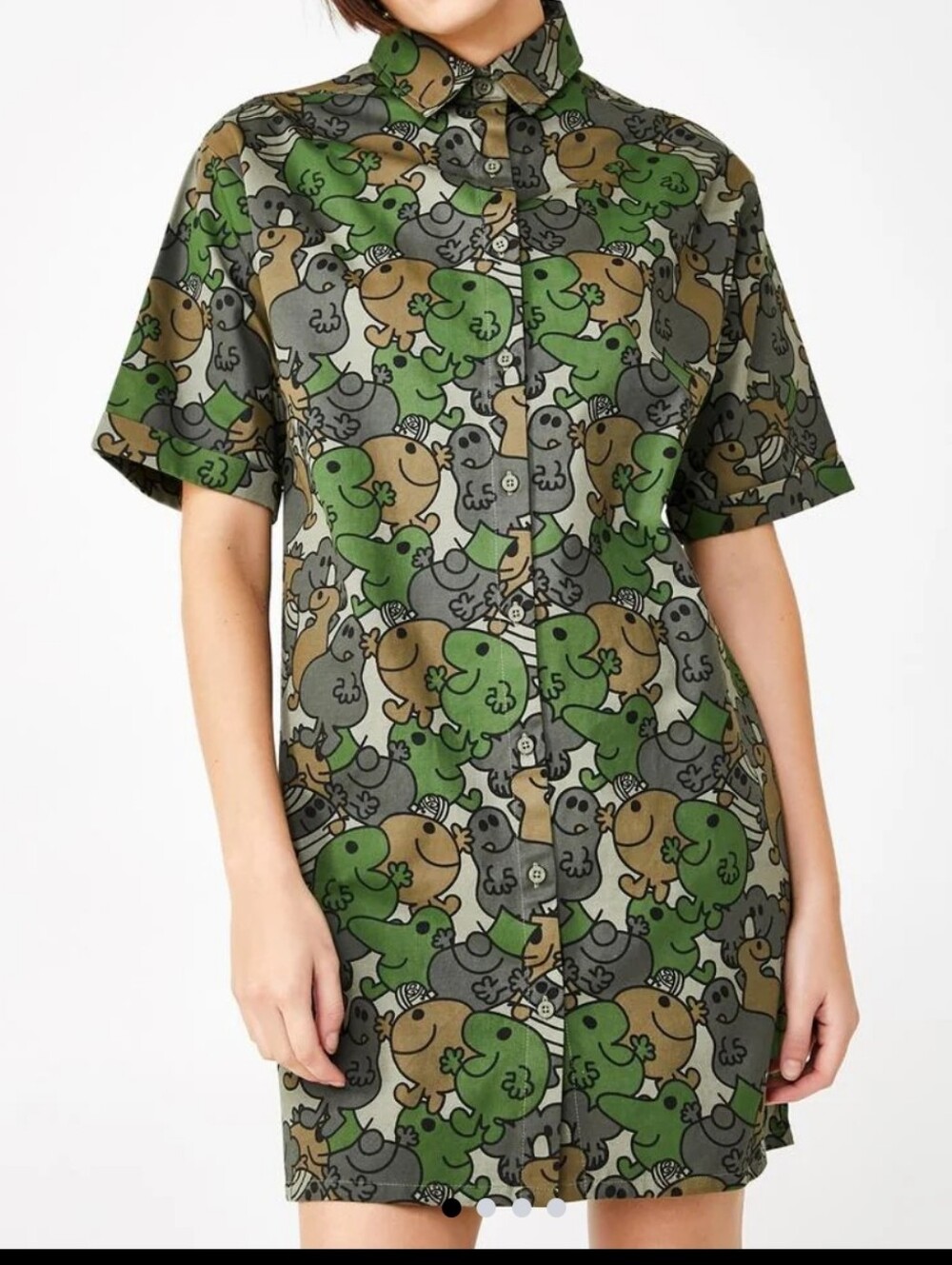 Mr Men X Lazy Oaf Camo Mr Men Graphic Button Front Shirt Dress Medium
